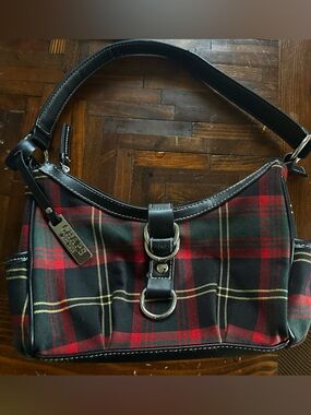 Chaps Red and Black Plaid Shoulder Bag with Leather Trim